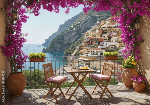 A charming balcony overlooking the colorful italian coast with vibrant bougainvillea and a table set for two