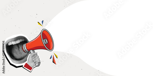 Mouth screaming into a red megaphone, place for text. Modern collage style. Vector illustration
