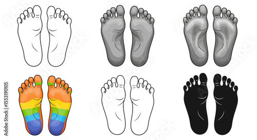 Six Variations of Bare Feet Illustrations: Outline, Gray, Black, and Rainbow-Colored Sole Designs
