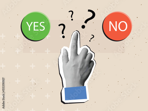 Black and white hand between the green Yes and red No buttons. The concept of choice. Modern collage style. Vector illustration