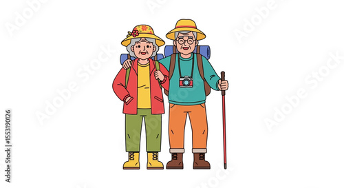Smiling senior couple hiking together, colorful attire, backpacks, trekking poles.