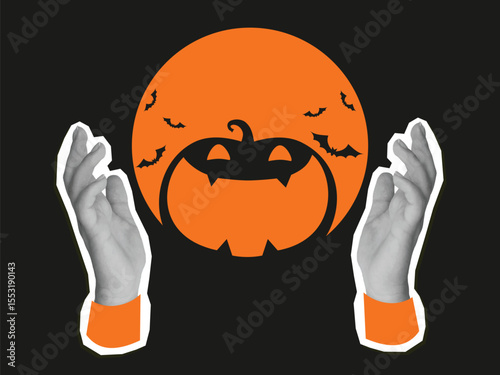 Black and white hands holding laughing halloween pumpkin and bats silhouettes on orange background.  Modern collage style. Vector illustration