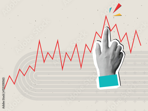 Hand helps the red graph grow. Modern photo collage style. Vector illustration