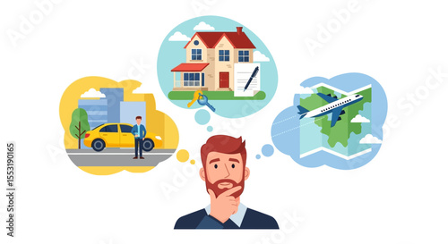 Thoughtful Man Considering Car, House, and Airplane Travel Options