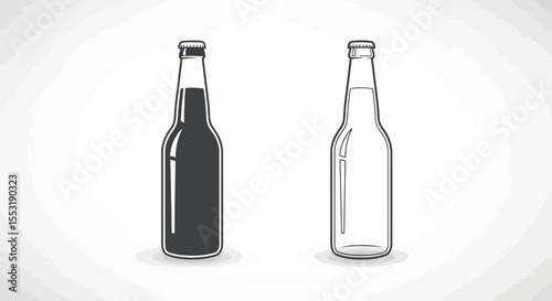 Two Vintage Style Beer Bottles, Solid and Outline, Standing Upright