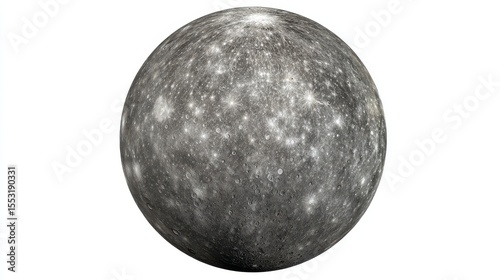 Detailed View of the Planet Mercury Showing Craters and Reflective Surfaces on White Background