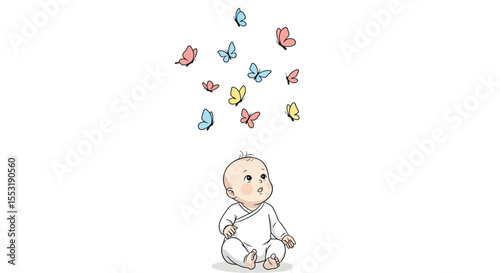 Adorable Baby in White Onesie Watching Colorful Butterflies