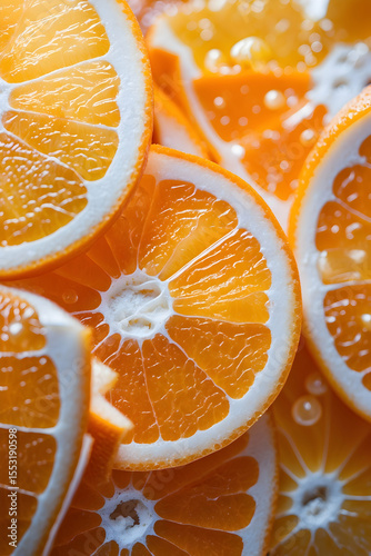 Close-up view of many sliced oranges, vibrant orange segments and white pith