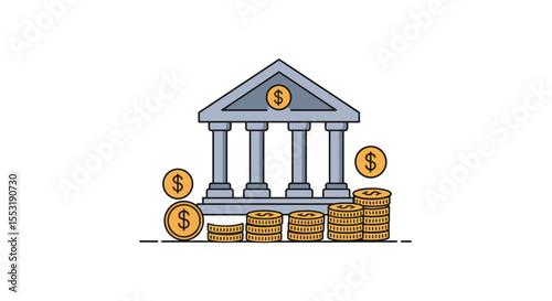 Bank Building with Gold Coins Illustration, Financial Institution Concept