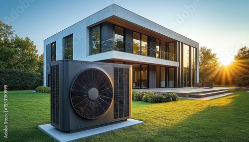 Modern two-story house with large windows and patio in evening sunlight with a visible air conditioning unit on a manicured lawn