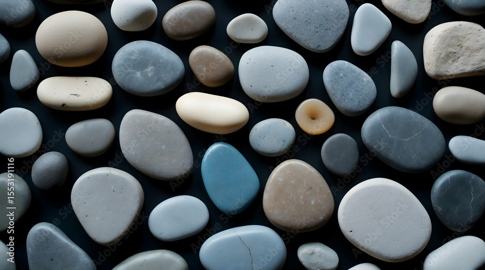Assorted smooth stones of various shades of beige, gray, and light blue, arranged on a dark background Assorted smooth stones of various shades of beige, gray, and light blue, arranged on a dark background