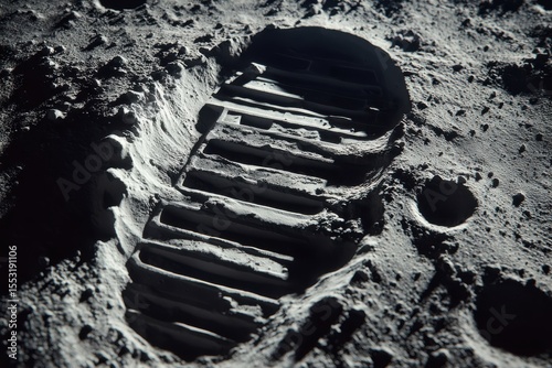 Footprint Impression on Lunar Surface with Craters and Rough Texture, Moon Landing Imagery