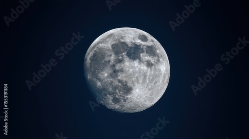 Full Moon Detailed Surface Against Dark Sky, Craters and Lunar Features Visible Night Sky