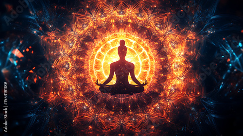 A glowing mandala with a meditative figure at its center, symbolizing inner peace and strength. (1)