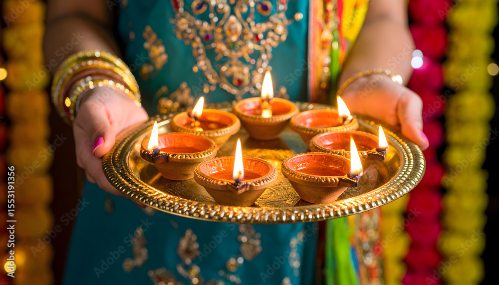 Naklejka premium Festival of Lights: A person's hands gently hold a golden tray adorned with lit clay lamps, celebrating the vibrant spirit and cultural richness of Diwali. A visual celebration of hope, enlightenment.