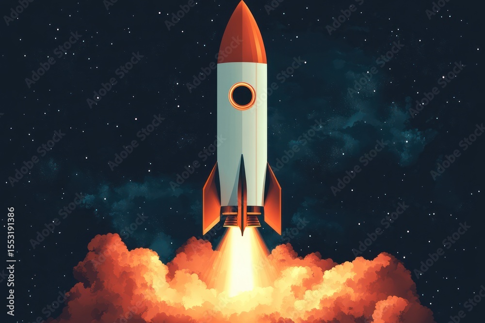 A retro-style rocket blasting off into a starry night sky with bright orange flames and thick smoke at its base, symbolizing launch and exploration. A retro-style rocket blasting off into a starry night sky with bright orange flames and thick smoke at its base, symbolizing launch and exploration.