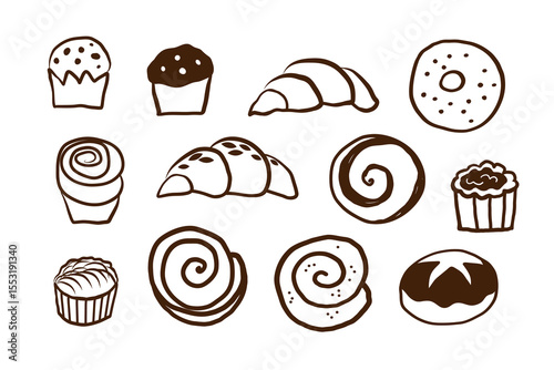 Set with pastries outline sketch on isolated background. Doodle with croissants, muffin, custard, cookies, French bakery, Design for cafe, menu, card, brochure. Hand drawn food vector illustration