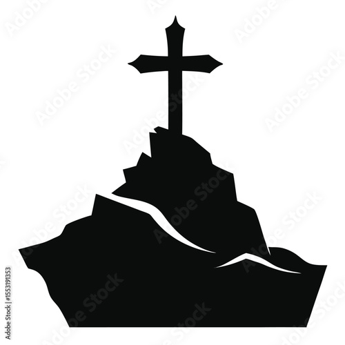 Vector art of cross on a mountain silhouette isolated on white background