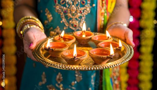 Festival of Lights: A person's hands gently hold a golden tray adorned with lit clay lamps, celebrating the vibrant spirit and cultural richness of Diwali. A visual celebration of hope, enlightenment.