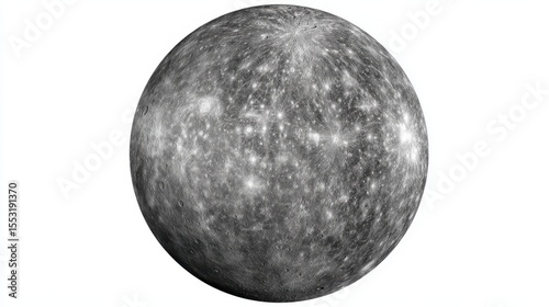 Full View of Mercury Cratered Surface, Gray Tones, and Impact Basins on a White Background