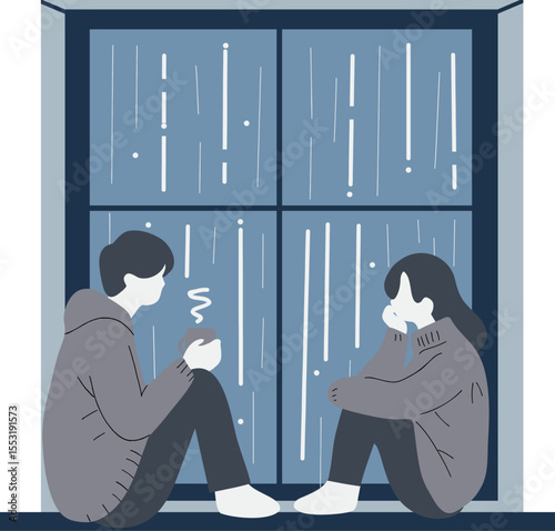 Men and women are sitting by the window on a rainy day