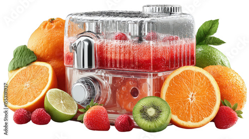 Juice Extractor Delight: A vibrant arrangement of fresh fruits encircles a modern juice extractor, promising a refreshing and healthy experience. 