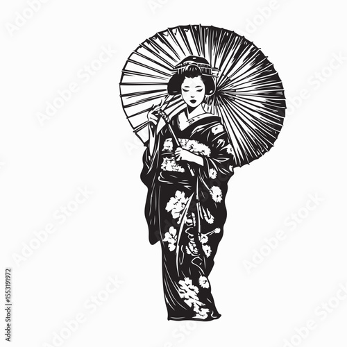 Geisha with umbrella Image. Black and White Asian Woman With Umbrella on white background