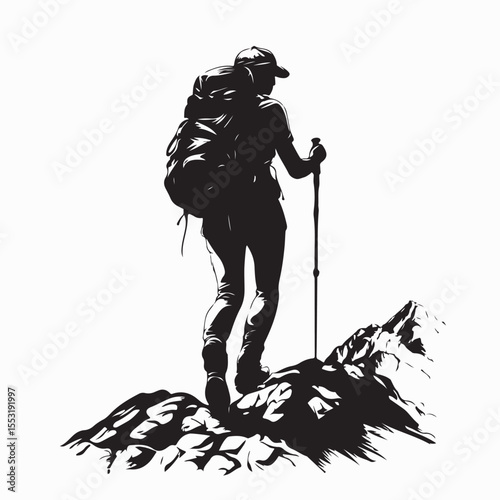 Silhouette Woman Hiking in the Mountains with Trekking Poles image vector.