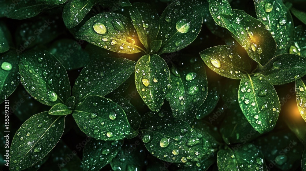 Fototapeta premium close-up of green leaves covered with water droplets glowing warmly in soft light