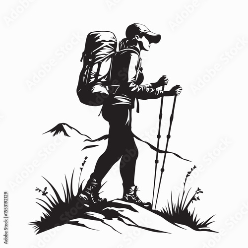 Woman Hiker Vector. Woman Hiking in the Mountains with Trekking Poles