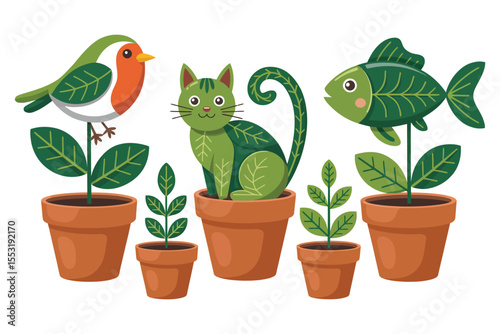 A diverse collection of isolated flower sets in white pots with green leaves, depicting the growth of new plant life in a spring garden