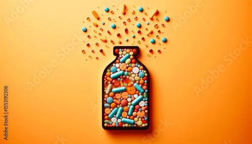Bottle with colored pills on orange background. Pharmacy concept.