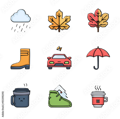 Autumn is a set of 9 icons. Contains rain, boots, umbrella, clouds and more. Editable line icons. Vector illustration.