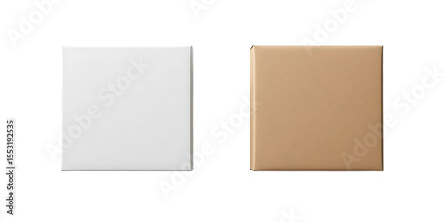 Blank White and Beige Cardboard Boxes Mockup Transparent Isolated Background. High-quality mockup of two square boxes, one white and one beige/light brown.
