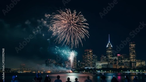 Spectacular Fireworks Exploding over City Skyline at Night