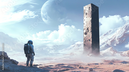 Astronaut stepping onto an uncharted planet, looking at a strange monolith