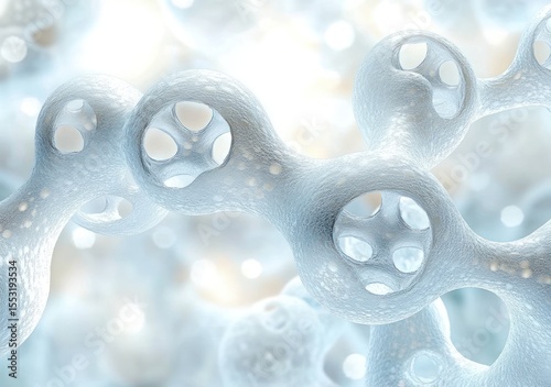 Close-up view of connected translucent spherical structures with porous surfaces, creating an intricate and abstract molecular or cellular network