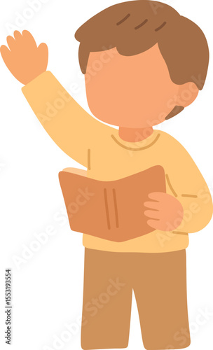 Boy Reading Book with Raised Hand