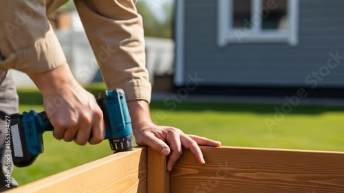 Drilling into Wood Plank with Cordless Drill in Outdoor Setting