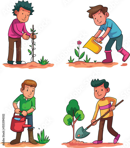 Boy and girl funny cartoon farmers in the garden vector illustration set