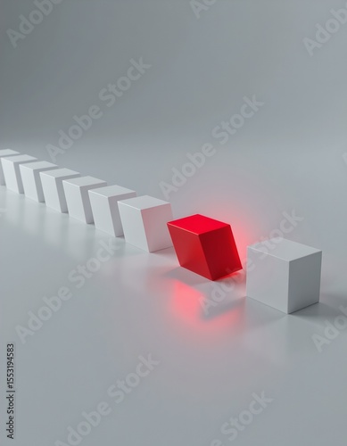 ultra detailed, 8k resolution, conceptual digital illustration of a row of identical white cubes aligned in a straight horizontal line on a clean, reflective surface