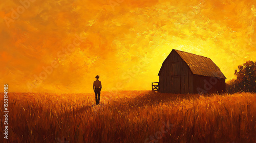A farmer stepping back to look at a finished barn against a golden sunset (1)