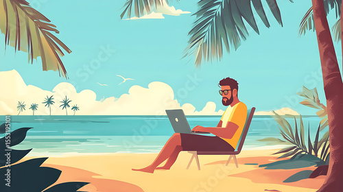 A serene remote worker conducting tasks efficiently from a beach with a laptop