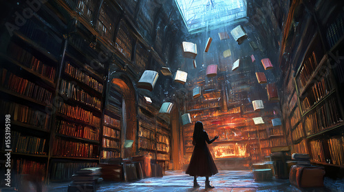 Adventurer discovering a massive library filled with floating, enchanted books (1)