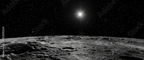Monochrome Moonscape with Starry Sky and Bright Star, Cratered Surface, Space Exploration