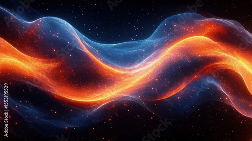 Glowing orange and blue luminous flowing waves with sparkling particles on a dark background, creating a dynamic and vibrant energy effect