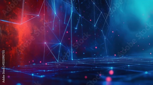 Futuristic digital grid with glowing blue network lines and red particles creating a high-tech abstract atmosphere