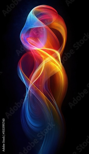Abstract flowing ribbons of light blending vibrant red, orange, yellow, blue, and purple colors on a dark background, creating a dynamic and fluid movement effect