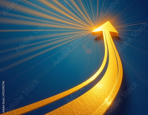 abstract golden arrow surging upward along a path, embodying progress and growth in business or personal realms. azure sky with radiant light beams crafting a dynamic effect