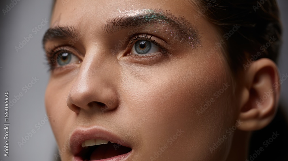 Young caucasian female with glitter makeup and expressive blue eyes Young caucasian female with glitter makeup and expressive blue eyes
